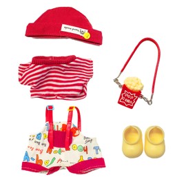 5 Stück Kleidung für 17cm Plüsch Puppen, Roter Modische Kleidung fur 17 cm Puppen mit Roter Overall + Rot-weiß Gestreiftes Oberteil + Mütze + Schuhe + Tasche, Jungen Mädchen Geschenke (Ohne Puppe)