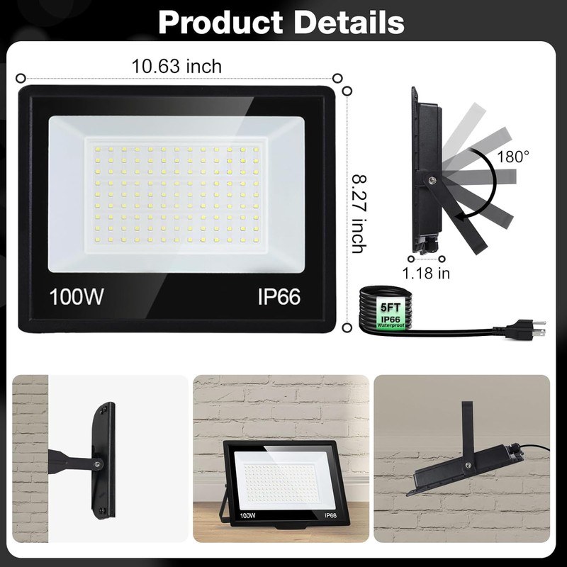 4 Pack 100W LED Flood Light Outdoor with Plug, IP66