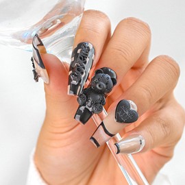 Sethexy French Long Coffin False Nails Handmade Shiny Chessboard False Fingernails 3D Black Bow Love Heart Wear Press on Nails Removable for Women and Girls