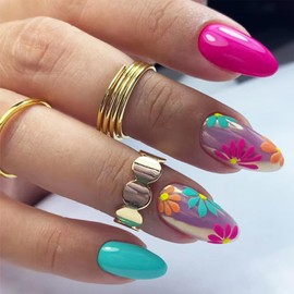 24 Pcs Colorful Flower Press on Nails Fall Flower False Nails Glossy Blue Flower Acrylic Fake Nails Gel Glue on Nails for Manicure Wine Red Flower Stick on Medium Almond Nails for Coquette Women Girls