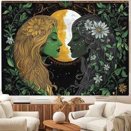 FENDROM Psychedelic Hippie Sun and Moon Tapestry for Bedroom Aesthetic, Fantasy Plants Trippy Mystic Floral Face Vintage Decor Tapestries Wall Hanging Backdrop for Living Room Dorm