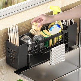 HEKOBAG Spülbecken Organizer Küche Spülorganizer Sink Organizer Schwarz Spülutensilien Organizer Metall Ordnungshelfer Spüle Küchenutensilienhalter mit Abflusspfanne Handtuchhalter für Badezimmer