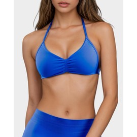 Adamotto Workout Low Impact Bras for Women Low Support Strappy Sports Bra V-Neck Halter Open Back Padded Gym Yoga Crop Top - Klein Blue S