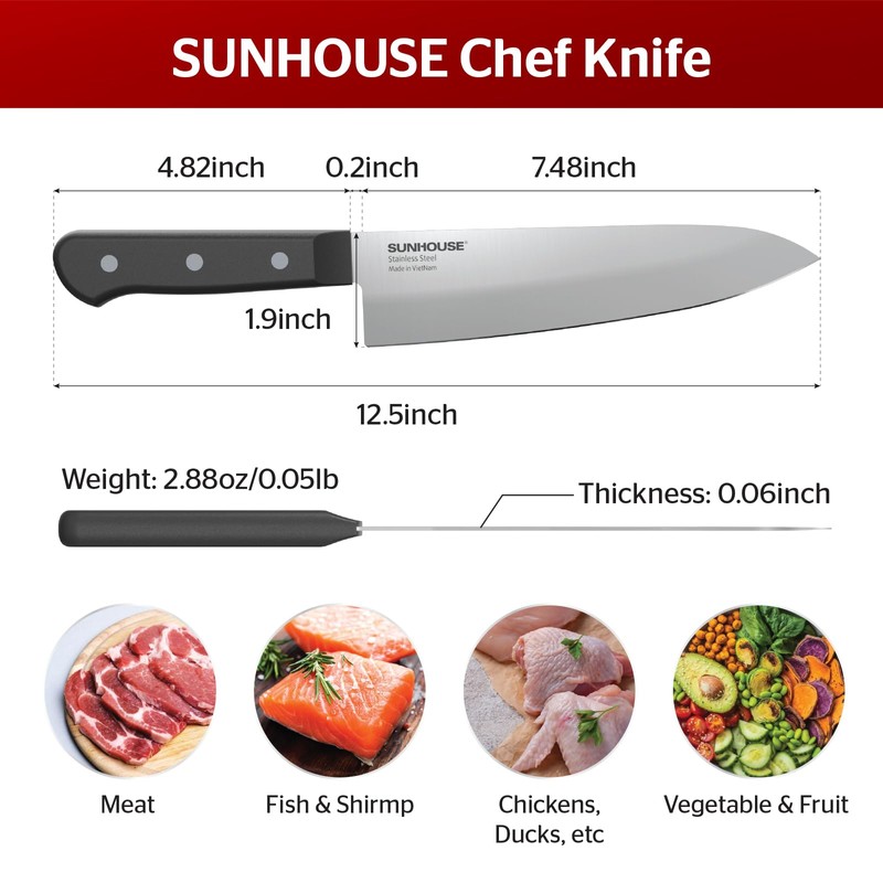 Sunhouse Basic Chef Knife 7.5 Inch Kitchen Knife, High Stainless