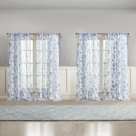 Laura Ashley Summer Palace Window Curtains with Rod Pocket, 84-inch Length, 4 Panels Set, Sheer Light Filtering, Blue