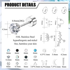 Thunaraz Surgical Steel Flat Back Stud Earrings for Women Men Hypoallergenic Cartilage Earrings Stud Hoops CZ Star Moon Heart Screw Back Earrings 20G Silver