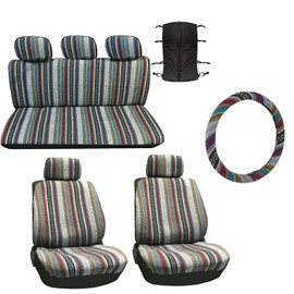 Universal Baja Inca Saddle Mexican Blanket Low Back and Rear Bench Seat Covers Set (Universal Baja Inca Saddle Mexican Blanket Low Back & Rear Bench Seat Covers Set with Steering Wheel Cover)