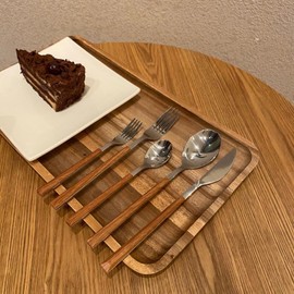 Stainless Steel Cutlery Set with Wooden Handles, 5-Piece Dining Set, Silver and Brown