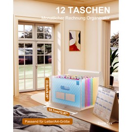 ThinkTex Accordian Lever Arch File, 12 Pockets, Expandable File Folders, Portable Monthly Bill Receipt Organiser, Colourful Tabs, A4 Size - Blue