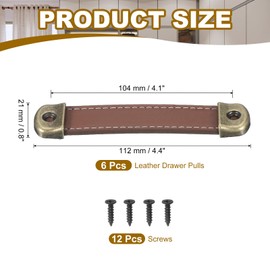 PATIKIL 4.4" Leather Drawer Pulls with Iron Sheet, 6 Pcs Leather Strap Trunk Handle Cabinet Knobs Hardware Replacement with 18mm Screws for Dresser Door Suitcase Luggage, Light Brown