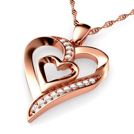 DEPHINI - Rose Gold Pendant & Heart Earrings SET - 925 Sterling Silver Necklaces and studs - CZ Crystal Studs & Pendant - 18" Rhodium Plated Silver Chain