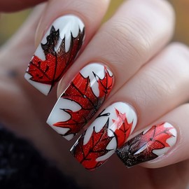 Fall Press on Nails Medium Square Fake Nails Red Gradient Maple Leaves False Nails with Designs White Glossy Acrylic Nails Autumn Winter Reusable Artificial Nail for Women Girls 24Pcs