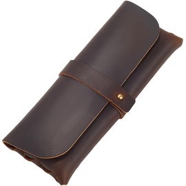 GORGECRAFT Coffee Crazy Horse Leather Pen Case Retro Genuine Leather Snap Cover Pencil Cases Large Capacity Pencil Pouch Organizer Stationery Bag for Pen Pencils Men Women Glasses Sunglasses Artists