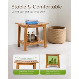 Upolana Outdoor Shower Bench, 20" Solid Acacia Wood Shower Stool Waterproof Shower Seat with Storage Shelf for Bathroom - SB001V