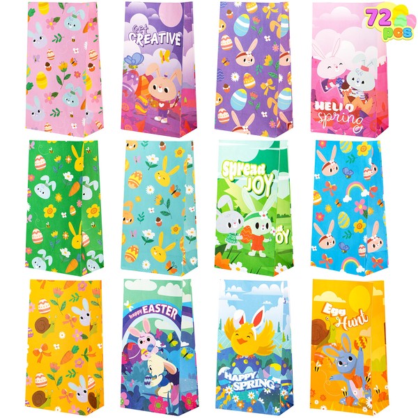 JOYIN 72 Pcs Easter Goodie Paper Bags, Flat Bottom Candy Bags for Kids Eggs Hunt, Easter Gift Bags, Easter Party Supplies Treat Bags, Easter Kids Basket Party Favor Party Supplies