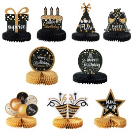 9PCS Extra Large Black Gold Birthday Decorations, Black Gold Table Decoration,Birthday Centerpieces for Tables, Happy Birthday Honeycomb Table Centerpieces Table Toppers for Birthday Party Favor