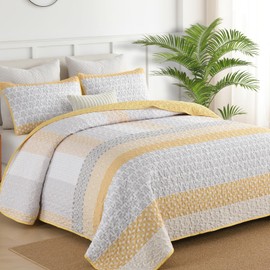 WONGS BEDDING Yellow Quilt Full Size, Bohemian Stripe Quilt Sets 3 Pieces Boho Quilted Bedspread Set Lightweight Microfiber Coverlet Bedding Set All Season (78"×90")