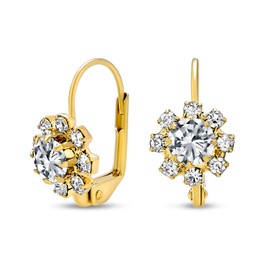 Clear Crystal Flower 18K Gold Plated Brass Lever back Drop Earrings For Women