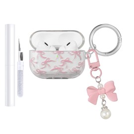 AIIEKZ Compatible with AirPods Pro 2 Case Cover 2022, Soft TPU with Cute Flower Pattern for AirPods Pro 2nd/1st Generation Case with Flower Keychain and Carabiner for Girls Women (Pink Bow)