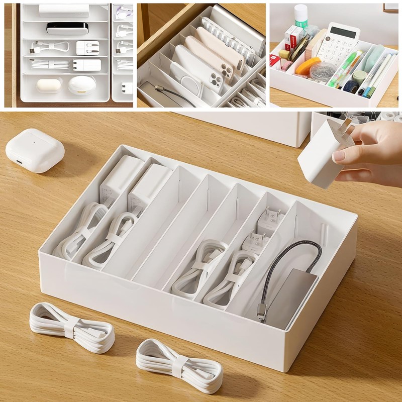 PZJFH Cable Storage Box, White Cable Organiser, Adjustable Dividers, Cable
