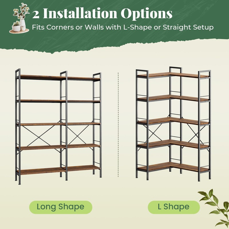 Huuger 5 Tier Bookshelf, L Shaped Corner Bookshelf with 10