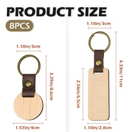 UPIQNG Leather Wooden Keychain Blanks Wood Key Ring Unfinished Wood Engraving Key Tags for DIY Backpack Decoration Craft,4pcs Rectangle,4pcs Round