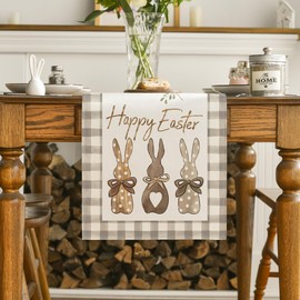 Artoid Mode Buffalo Plaid Bunny Rabbit Happy Easter Table Runner, Seasonal Spring Kitchen Dining Table Decoration for Home Party Decor 13x36 Inch