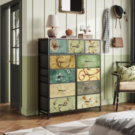 WLIVE Tall Dresser for Bedroom, Fabric Dresser Storage Tower, Chest of Drawers Organizer Unit with 11 Drawers, Storage Cabinet, Hallway, Closets, Steel Frame, Wood Top, Vintage,Floral Painted