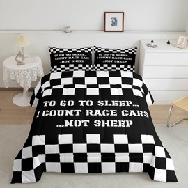 Black and White Comforter Set Racing Car Bedding Set for Kids Girls Women Adults Geometric Grid Comforter Extreme Sports Quilted Duvet Set Bedroom Collection Twin Size 2Pcs
