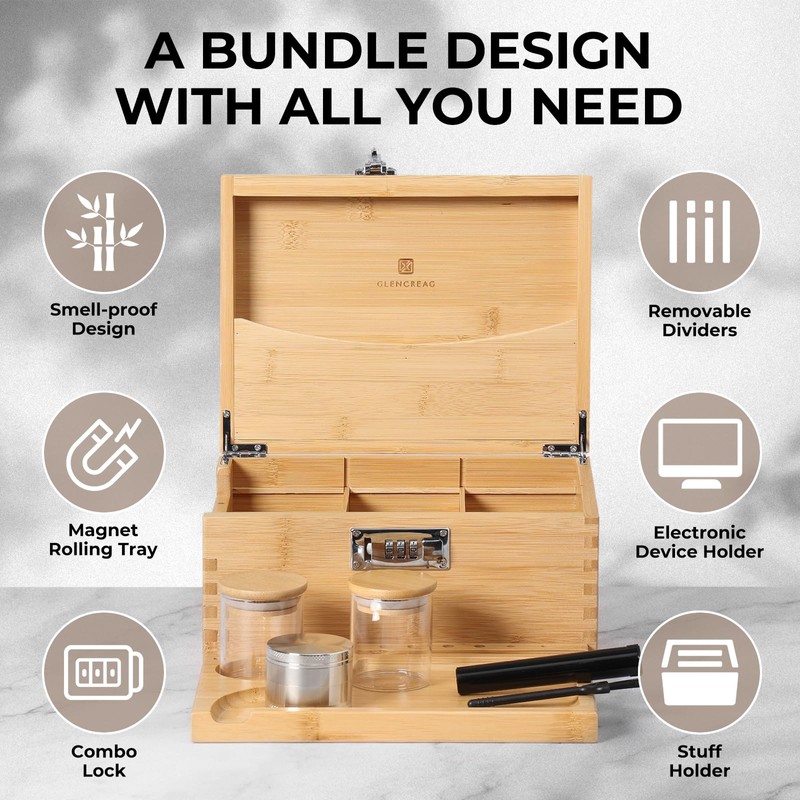 GLENCREAG Stash Box with Rolling Tray, Smell Proof Large Bamboo