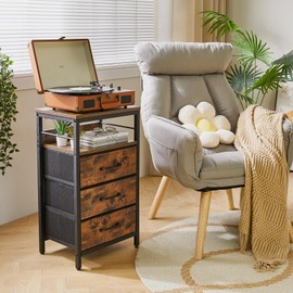 IBUYKE Nightstand with Charging Station,Side Table with Fabric Drawers, Bedside Table with USB Ports and Outlets, End Table for Bedroom, Living Room, Rustic Brown UTNS001H