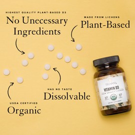 Truvani Organic Vitamin D3 - Plant-Based, USDA Organic, Gluten-Free, Non-GMO, Vegan D3 Supplement - Supports Bone, Immune & Brain Health - 30 Tablets
