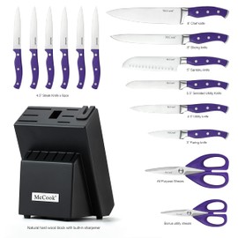 McCook MC27 14 Pieces Stainless Steel kitchen knife set with Wooden Block, Kitchen Scissors and Built-in Sharpener, Purple