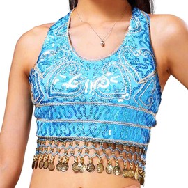 GRAEEN Belly Dance Sequin Crop Top Coin Tassel Rave Carnival Costume Bra Tops for Women(One SIze, A9-Light Blue)