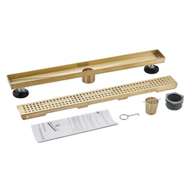 AVSIILE Linear Shower Floor Drain, Brushed Gold 24 Inch 304 Stainless Steel Bathroom Drains Kit, Long Rectangular Shower Trench Drain with Square Pattern Drain Cover & Hair Catcher