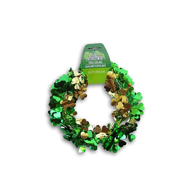 St. Patrick's Day Green & Gold Shamrock Tinsel Wire Garland