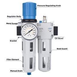 NANPU 1/2" NPT High Pressure Compressed Air Filter Regulator Lubricator Combo Water/Oil Trap Separator - Gauge(0-230 psi), Poly Bowl,Semi-Auto Drain, Bracket - 3 in 1 Two Unit