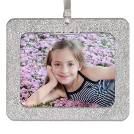 2020 Magnetic Glitter Christmas Photo Frame Ornament with Non Glare Photo Protector, Horizontal - Silver