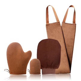 Paquete 4 de Guante Aplicador de Gamuza para Autobronceador, Aplicador de Loción Bronceadora, Incluye Guante Exfoliante, Guante de Bronceado, Mini Guante Facial, Aplicador de Loción para La Espalda，Color Café