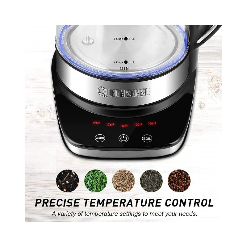 QUEENSENSE 1.7L Blue LED Light Electric Hot Water Glass Kettles