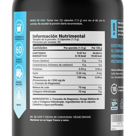 Threonate Mag 180 Cápsulas. Ingredientes Naturales: L Treonato de Magnesio, Melena de Leon y Colágeno Hidrolizado. L Threonate Mag B Life.