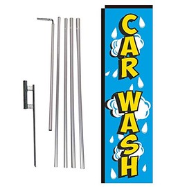 Car Wash Rectangle Feather Banner Flag with Pole Kit and Ground Spike for Car Wash, Auto Detail, and Hand Wash Business Owners
