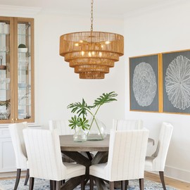 YOMECOO 25.6" Large Hand-Woven Rattan Chandelier Vintage 8-Lights Farmhouse Boho Bamboo Chandelier Light Fixture Retro Drum Wicker Rattan Golden Chandelier for Dining Room, Kitchen, E12