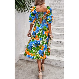 PRETTYGARDEN Women's Summer Casual Midi Dress 2025 Spring Puff Sleeve Square Neck A-line Flowy Boho Floral Smocked Dresses