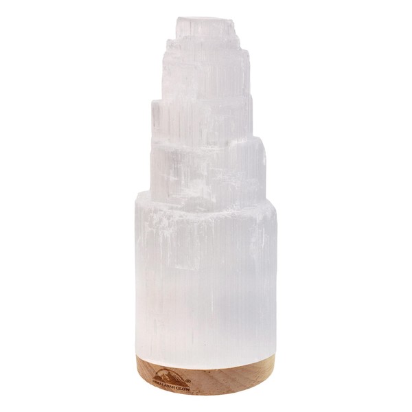 WBM Selenite Crystal Lamp 20cm, Hand Curved Morocco |Skyscraper| Crystals and Healing Stones,(ETL Certified) with Wooden Base & USB Charging Cable For Healing Cleansing & Meditation