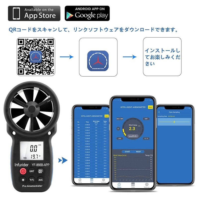 866B-APP-NEW Wireless Air Anemometer, Digital Air Anemometer, Wind Gauge (866B-APP-New),