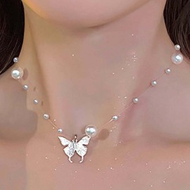 TseenYi Butterfly Pearl Necklace Choker White Pearl Beads Necklace Silver Butterfly Pendant Necklace Bridal Pearl Strand Necklace Chain Jewelry for Women and Girls
