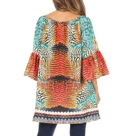 Sakkas 2018 - Inna Colorful Shift Dress Tunic with Bell Ruffled Sleeves & Rhinestones - SCW162-White - OS