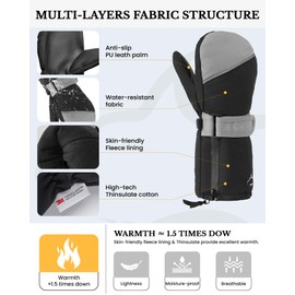 Caracaleap Kids Snow Mittens Waterproof Ages 5-7, Thinsulate Warm Boys Girls Winter Ski Mittens for Kids 5-7 Black 5-7Y