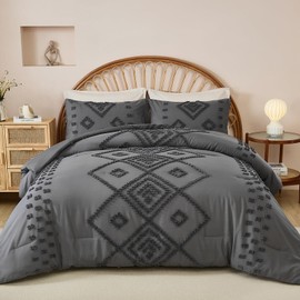 Dinjoy Dark Gray Comforter Set Queen,Boho Bedding Set Fall Soft Fluffy Farmhouse Bed Sets 3 Pieces Grey Tufted Shabby Chic Embroidery Comforters for All Seasons